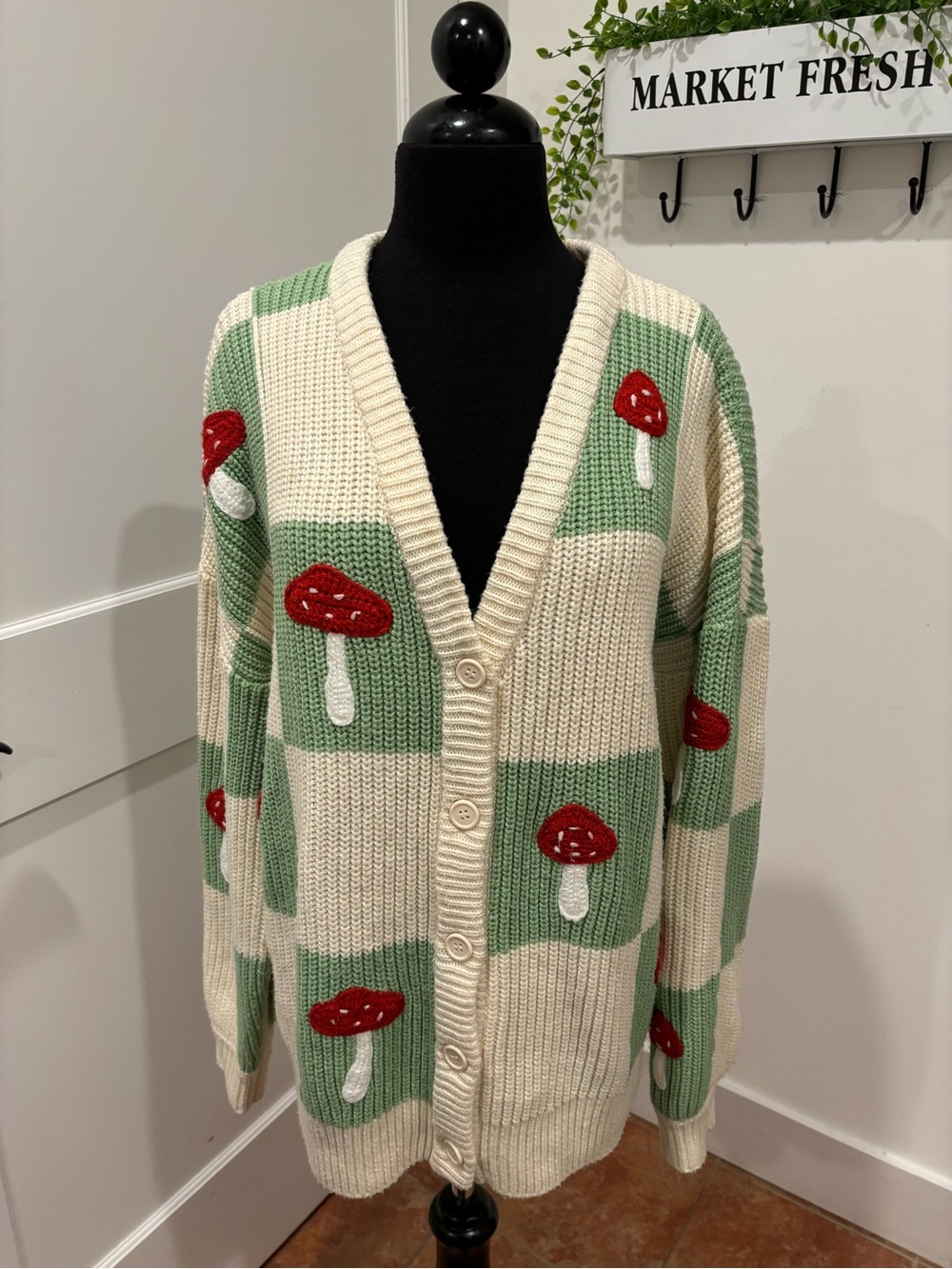 Thorn & Fable Mushroom Checkered Cardigan Crochet Oversized Sweater Women Medium